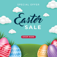 Happy easter sale with 3d egg colorful illustration
