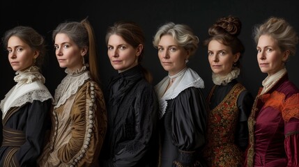 Fototapeta premium Women's History Month. Portrait Series of Diverse Women Adorned In historic Attire. Significant female figures. Women from different eras. Female empowerment. AI Generated