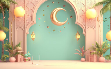 Ramadan Kareem and Eid Al-Fitr Islamic Decoration Background with Minimalist and Beautiful 3D Style Elements