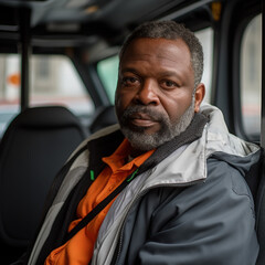 A middleaged man with a beard wearing a grey jacket over an orange shirt seated inside a vehicle looking at the camera