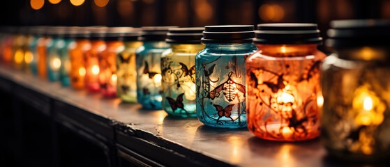 a many jars with lit candles on a shelf