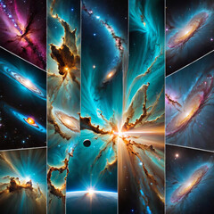 Surreal Cosmic Landscapes - Gamma Ray Burst, Interstellar Clouds, Andromeda, Comets Streaking Through Space Gen AI