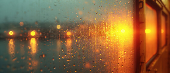 a view of a city street through a rain covered window
