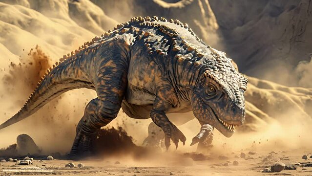A giant sauropelta crouching in a shallow depression kicking up dust with its powerful back legs and using its armored body to thoroughly coat itself in the gritty particles.
