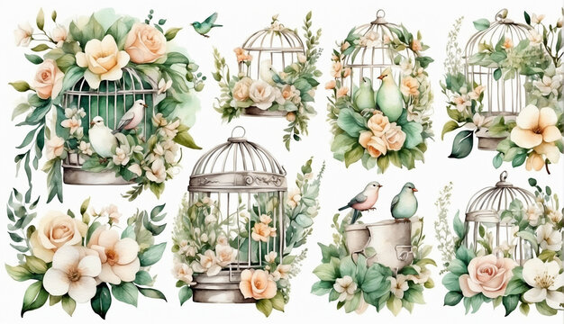 Watercolor vintage birdcages, flowers and birds. Hand painted illustration, wedding decoration elements