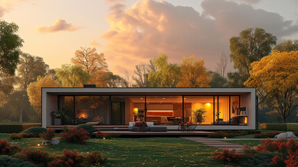 A dynamic view of a modular house at sunset, with the sky ablaze with warm colors, creating a picturesque backdrop.