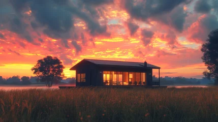 Foto op Plexiglas A dynamic view of a modular house at sunset, with the sky ablaze with warm colors, creating a picturesque backdrop. © Ibraheem AI