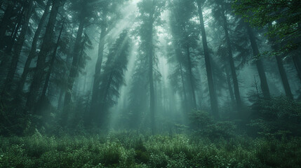 A dense, fog-covered forest with towering redwoods, creating an atmospheric and mysterious woodland scene.