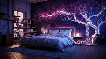 Interior of a bedroom with wooden floor, bed and valentine day decorations. Created with Ai