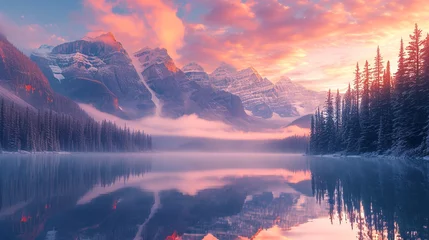 Tuinposter Reflectie A serene sunrise over a mist-covered mountain lake, reflecting vibrant hues of pink and orange in the crystal-clear water.
