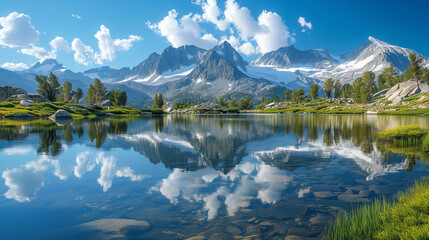 A serene alpine lake surrounded by snow-capped peaks, reflecting the pristine wilderness in its calm waters.