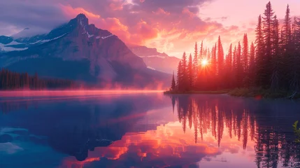 Photo sur Plexiglas Réflexion A serene sunrise over a mist-covered mountain lake, reflecting vibrant hues of pink and orange in the crystal-clear water.