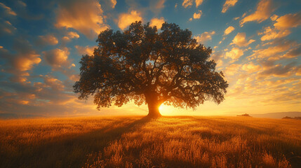 A solitary oak tree standing proudly in a golden meadow, its branches reaching toward a cloud-kissed sky at sunset. - obrazy, fototapety, plakaty