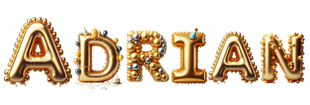 Adrian Letters - Golden Balloon, 3D - Isolated on Transparent or White Background PNG - Best for Birthday Illustration Design