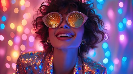 Obraz premium Very Happy young stylish woman in bright shiny clothes and glasses celebrate event at a disco party among shiny colorful confetti