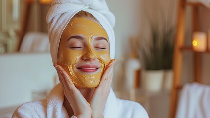 A happy woman after 30 years of age takes care of her face at home, applying a nourishing vitamin mask with turmeric to her face. Home care for aging facial skin, spa treatments at home - obrazy, fototapety, plakaty