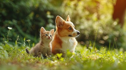 Naklejka na ściany i meble Cute corgi puppy and fluffy red kitten are sitting on the lawn in the rays of the sun. advertising of goods for animals, pet food, online animal store