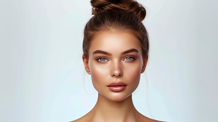 Portfolio photo of beautiful young European model  woman with a regular oval face and clean, perfect skin, hair tied up in a bun. For advertising skin care products, creams, lotions, face masks