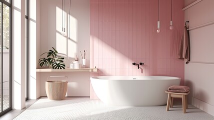 Modern light pink wall bathroom interior with bath furniture