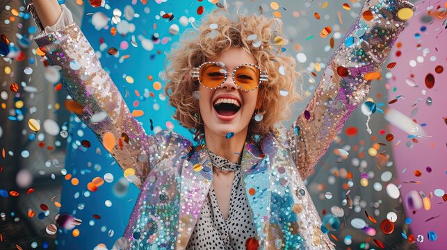 Very Happy emotional cheerful fun young stylish blonde woman in bright shiny clothes celebrate event at a party among shiny colorful confetti