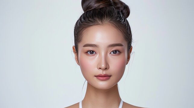 Portfolio photo of beautiful young Korean woman with a regular oval face and clean, perfect skin, with her hair tied up in a bun for advertising skin care products, creams, lotions, face masks