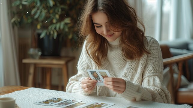 A happywoman lays out tarot cards on the table, fortune telling, predicting the future. Astrology, horoscope and mystic in modern world theme. Astrologer consultation, tarot reading