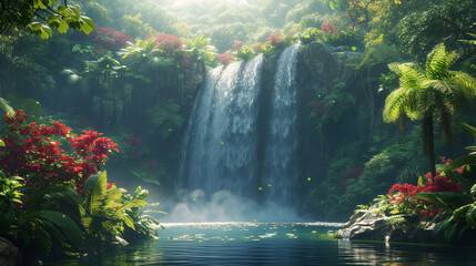 A cascading waterfall hidden deep within a lush, emerald-green rainforest, surrounded by vibrant tropical flora.