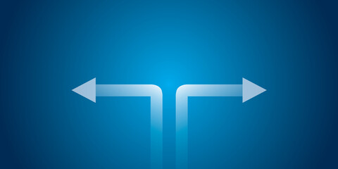 Arrows pointing in different directions with light on blue background. Metaphor for conflict or contradictions and antagonism in business. copy space for the text. illustration design style. - obrazy, fototapety, plakaty