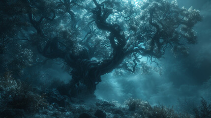 An ancient, gnarled tree standing alone in a mystical forest, its twisted branches reaching towards...