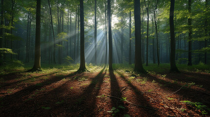Sunlight filtering through a dense canopy, creating a mesmerizing pattern of shadows on the forest floor.