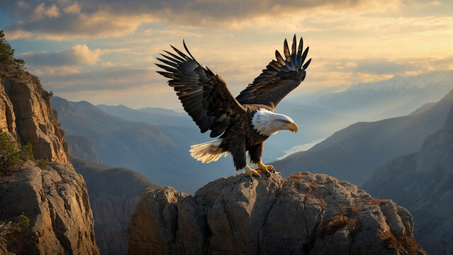 A picture of a bald eagle gracefully descending from the sky to the edge of a cliff, where it elegantly alights on a weathered perch and the sheer strength conveyed by the eagle's presence