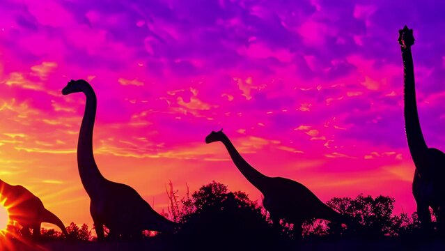 A family of Brachiosaurus silhouetted against the brilliant orange and purple hues of the sunset their long necks reaching for the last bits of greenery.