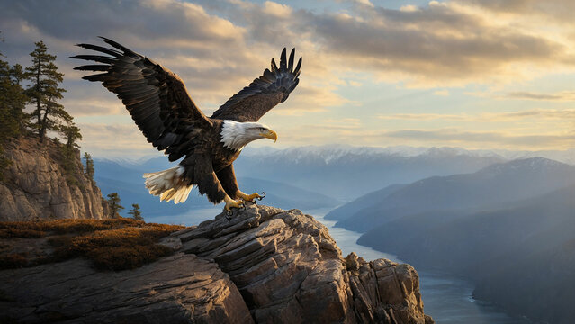 A picture of a bald eagle gracefully descending from the sky to the edge of a cliff, where it elegantly alights on a weathered perch and the sheer strength conveyed by the eagle's presence