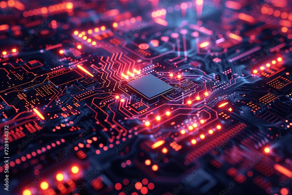Poster close-up view of an electronic circuit board with microchips and components for advanced technology