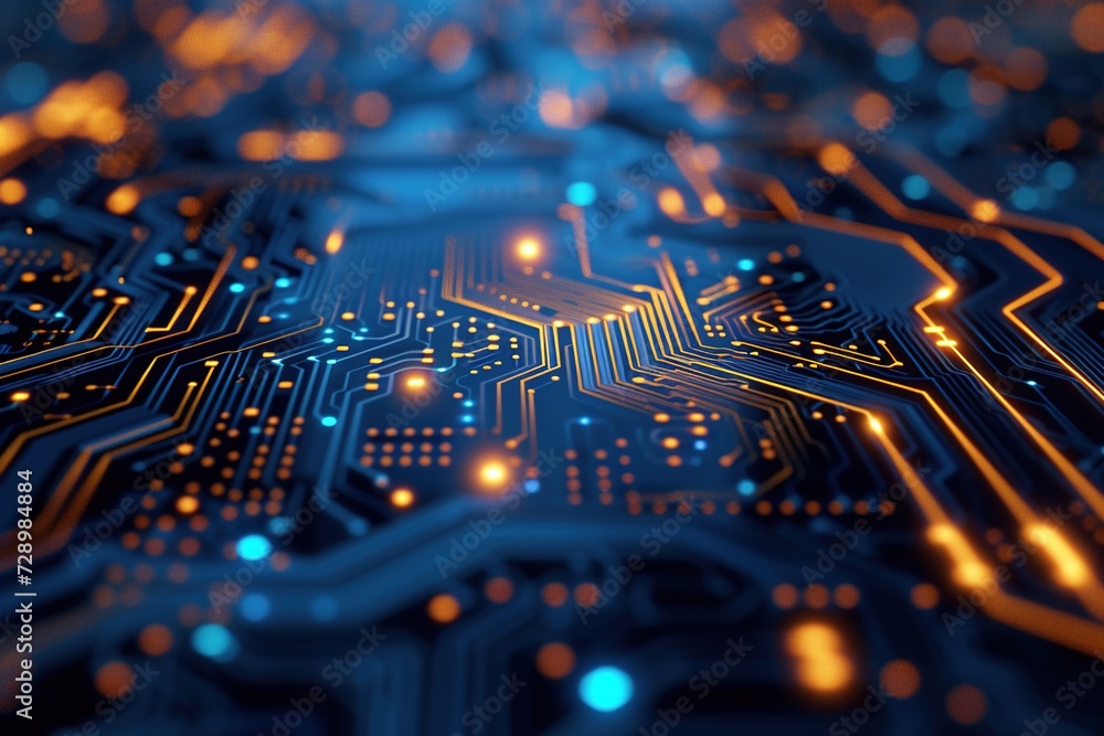 Poster close-up view of an electronic circuit board with microchips and components for advanced technology