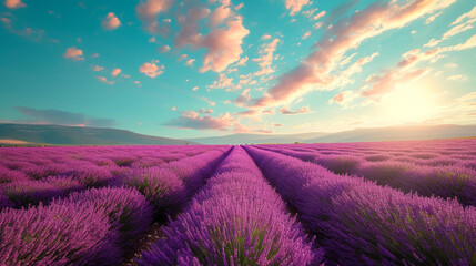 Vibrant fields of lavender dancing in the breeze under a clear, blue sky, stretching as far as the eye can see.