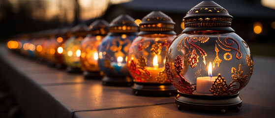 candles are lit on a table with a row of glass lanterns