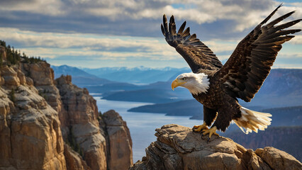 A picture of a bald eagle gracefully descending from the sky to the edge of a cliff, where it elegantly alights on a weathered perch and the sheer strength conveyed by the eagle's presence