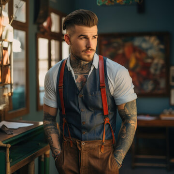 Stylish tattooed man with a pompadour haircut wearing suspenders standing in a room with vintage decor and warm lighting