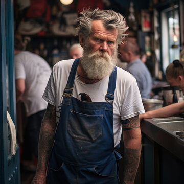 A bearded man with tattoos wearing a blue apron stands in a busy market setting conveying a sense of rugged individualism