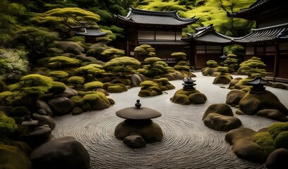 japanese garden with stone bridge and pond