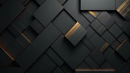 Fotobehang 3d black and gold geometric pattern on a square background, black diamond pattern abstract wallpaper on dark background, Digital black textured graphics poster banner background © Planetz