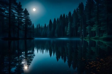 night landscape with trees and lake