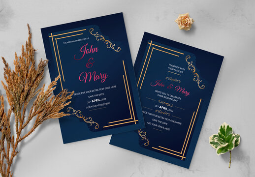 Dark Blue Wedding Invitation Layout With Gold Accents