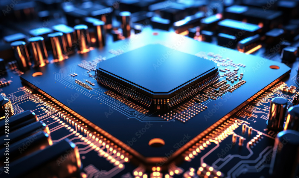 Poster high-tech microprocessor chip on a motherboard, a concept of advanced technology, computing power an