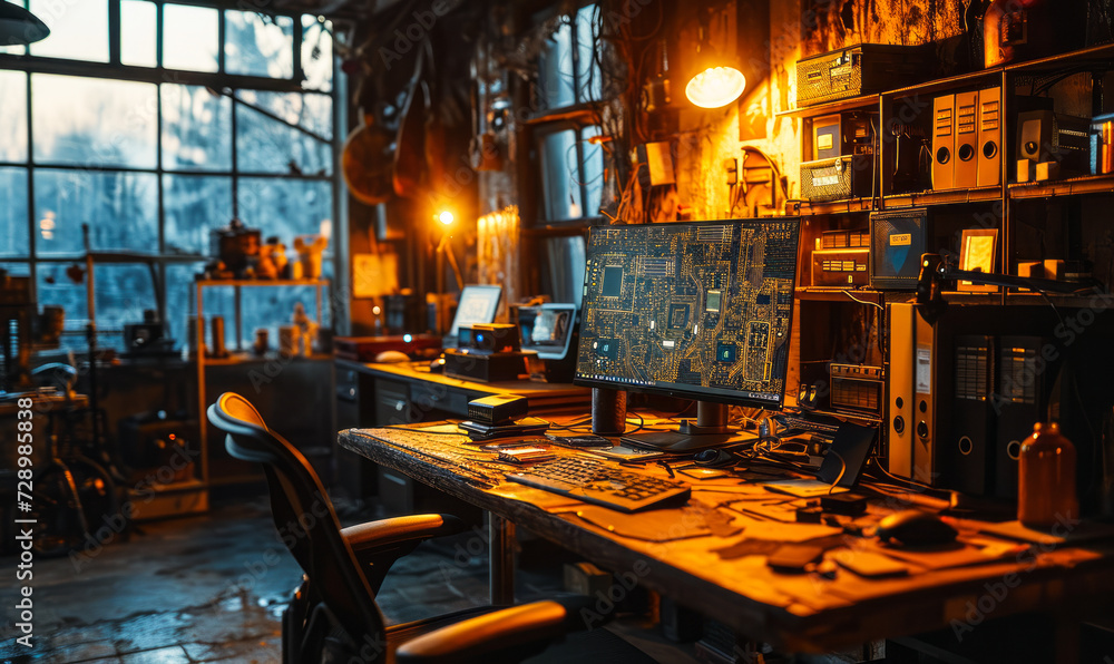 Poster computer monitor displaying intricate circuit board design for technology and electronics concept