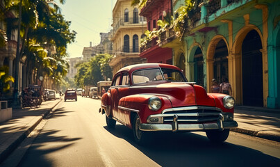 Vintage red classic car cruising on a sunny street in Havana with historical architecture and tropical vibes, capturing the essence of old Cuba - obrazy, fototapety, plakaty
