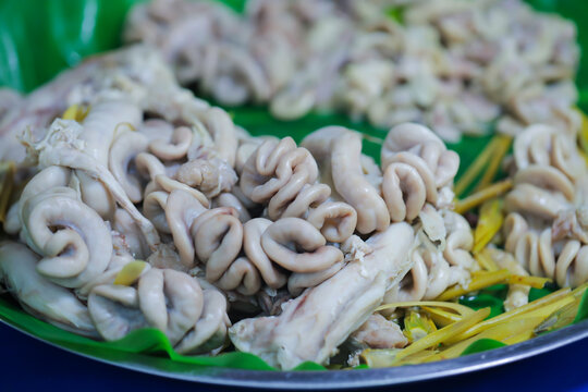 Fresh pork intestines for sale in the market of Thailand,Thai food.