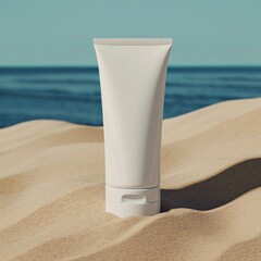 Mockup of a white plastic UV sun protection cream bottle on beach sand with a natural tropical atmosphere, good for beauty, health, business, blogs, marketing, summer time etc.