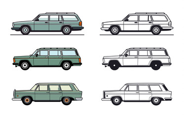 Fiat Station Wagon Car illustration vector Set, Fiat Wagon cars black outline Bundle
